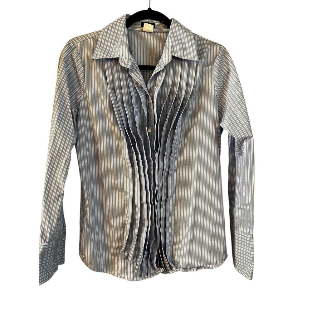 J. Crew Women’s Button Up Shirt Pleated Ruffle Striped Blue 100% Cotton Small